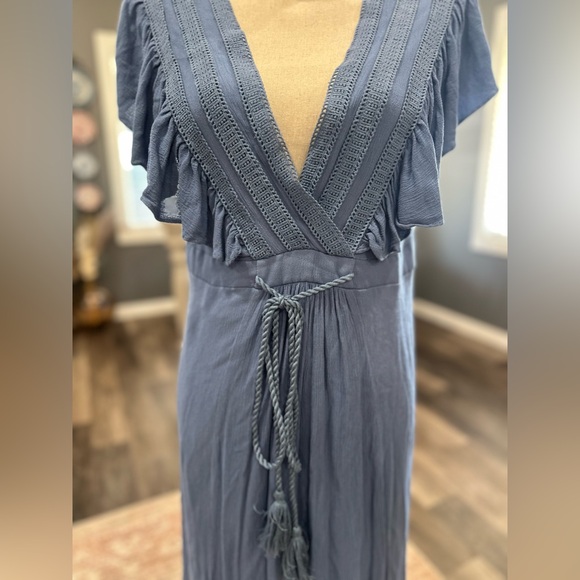 Baltic Born Jennifer Deep V Whisper Blue Boho Side Tie Tassel Maxi Dress Slit L - Picture 4 of 9